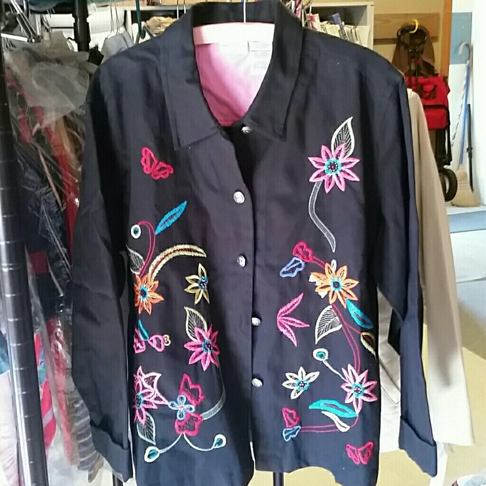 Black denim floral jacket